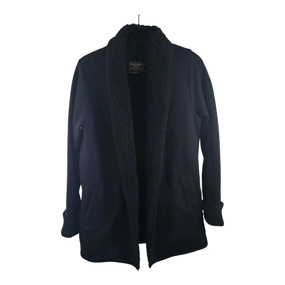 Abercrombie & Fitch Womens M Black Knit Sherpa-Fleece Lined Jacket Open Front - Picture 8 of 14